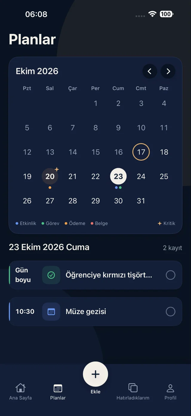 Lemya Planlar ekranı: Ekim 2026 takvimi ve 23 Ekim kayıtları