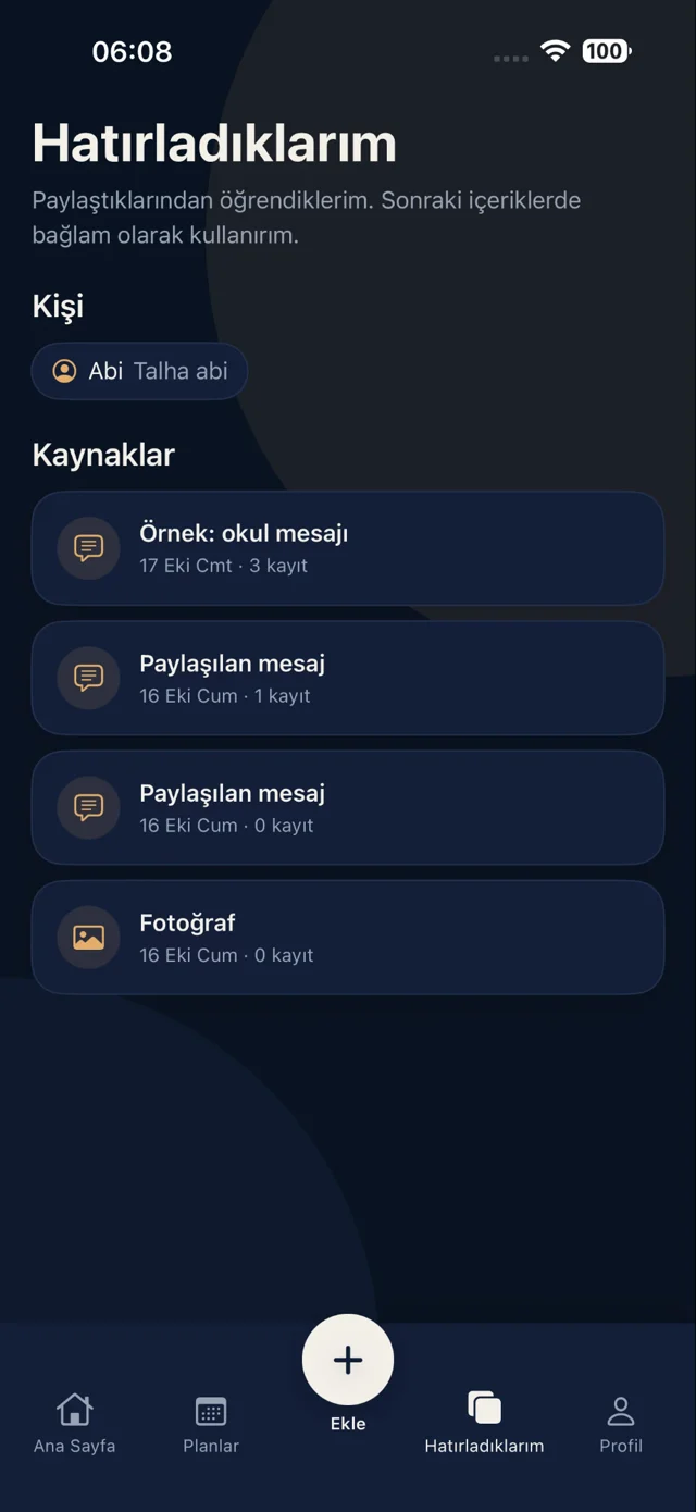 Lemya Hatırladıklarım ekranı: kişiler ve kaynaklar